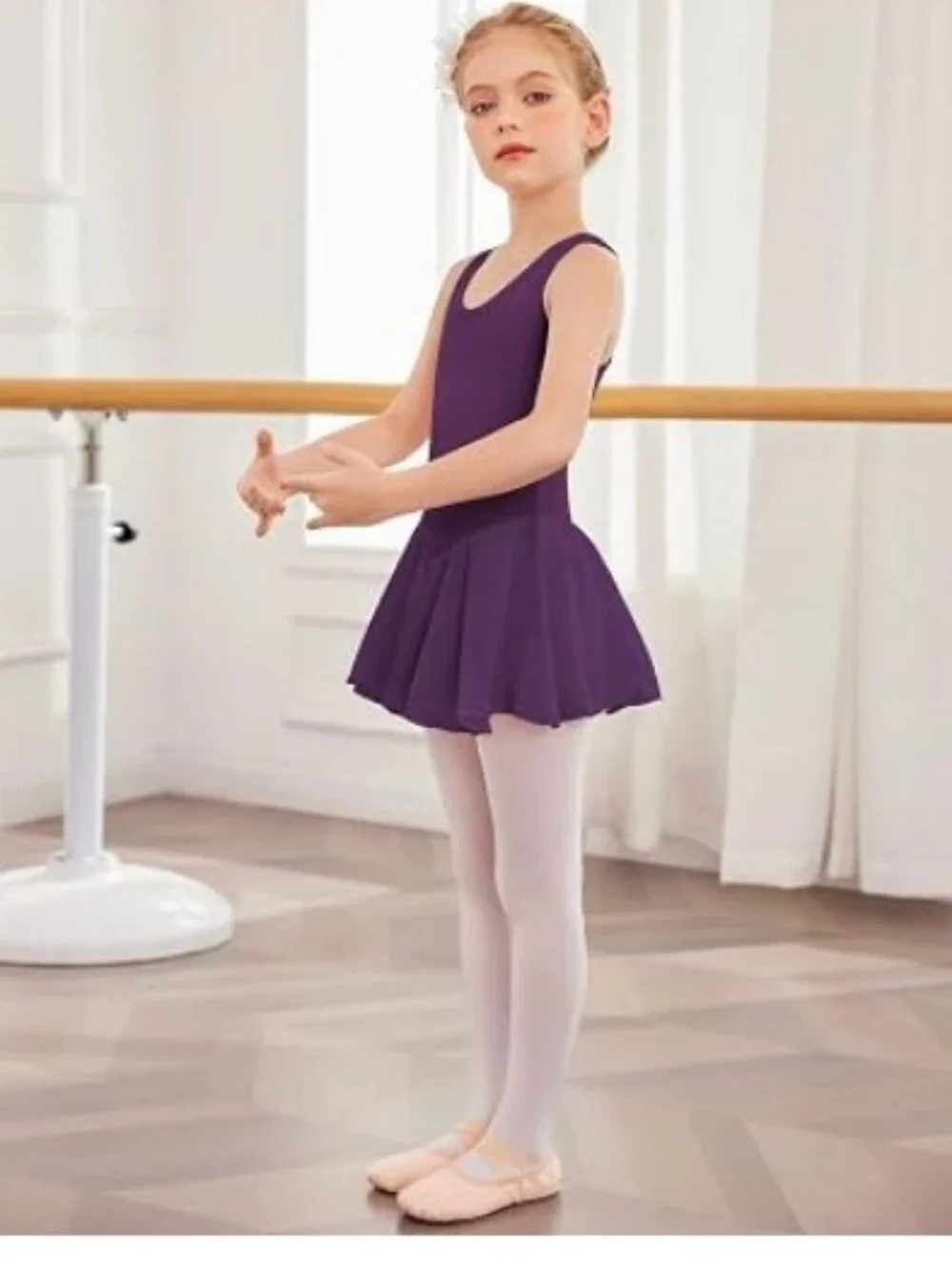 Girls Hollow Back Ballet Leotard with Skirt Sleeveless Dance Dress Purple